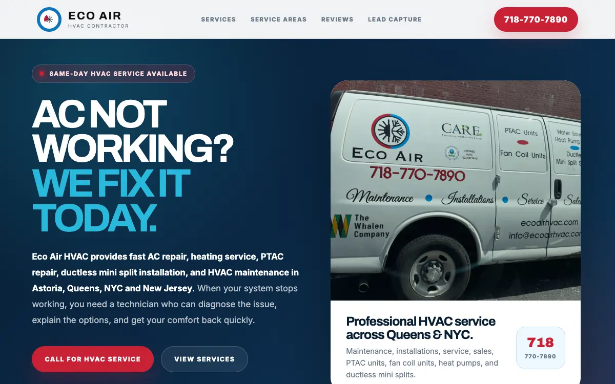 Screenshot of a demo website: Heating and cooling company in Astoria