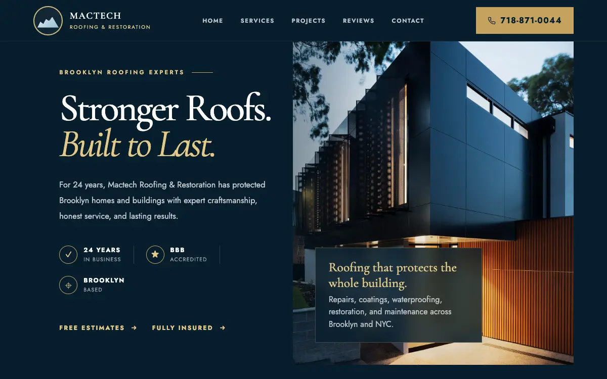 Screenshot of a demo website: Roofing company in Brooklyn