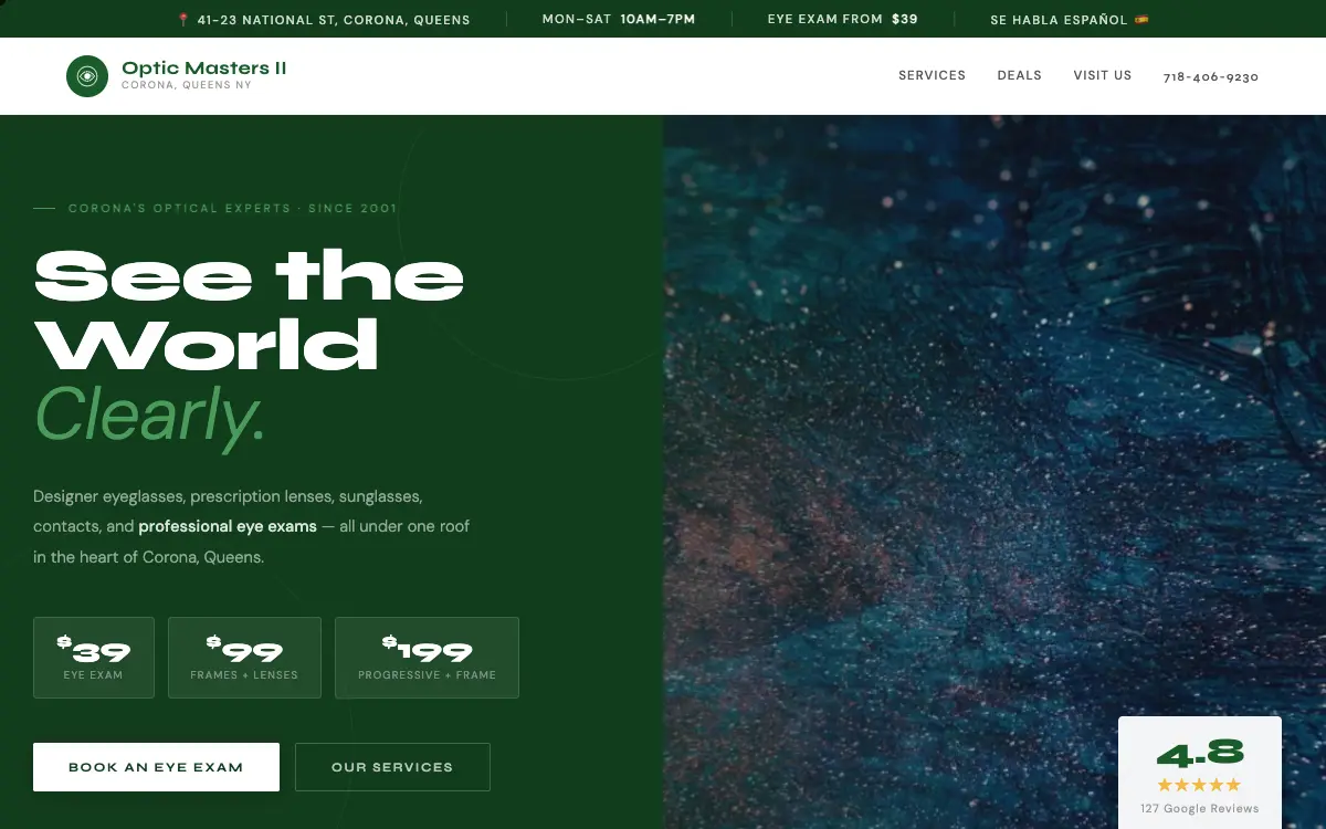 Screenshot of a demo website: Eyeglass shop in Corona, Queens