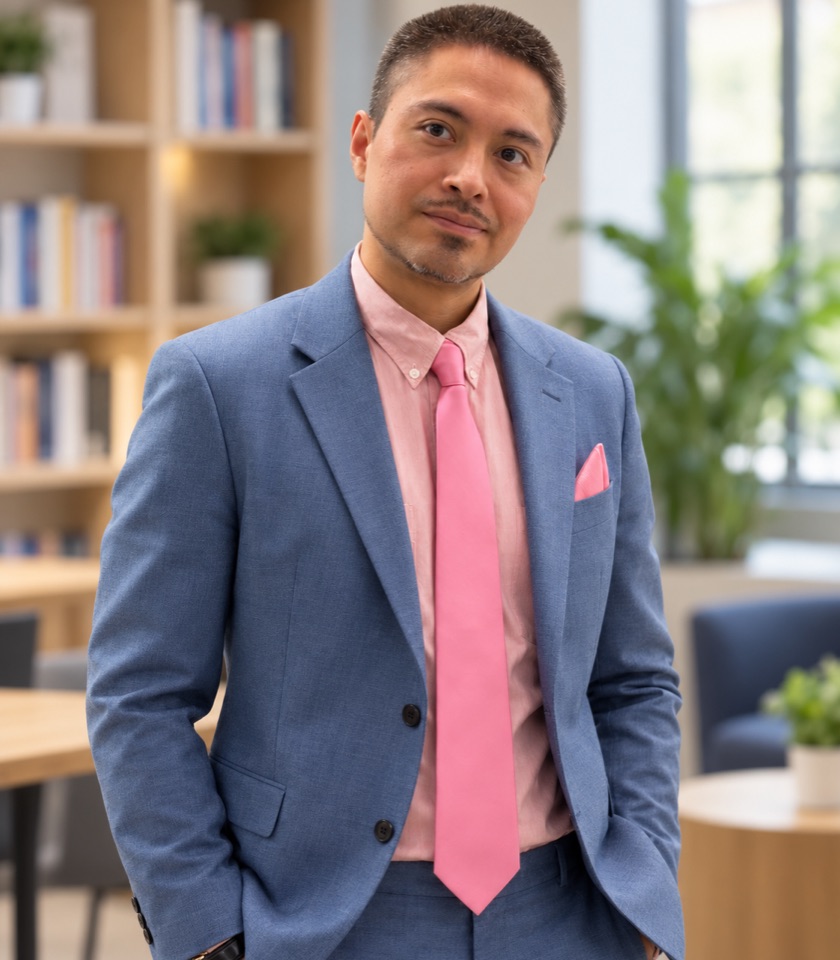 Miguel Perez, founder of NYC Digital Media Solutions, in a blue suit and pink tie